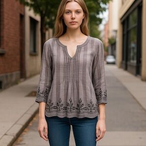 LUCKY Brand Cotton Shirt Embroidered Trim‎ XS